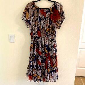 Navy and Orange Leaf Printed Dress